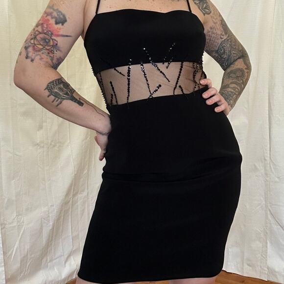 Vintage Cache Y2K Black Beaded Mesh Cutout Mini Dress - Picture 4 of 7